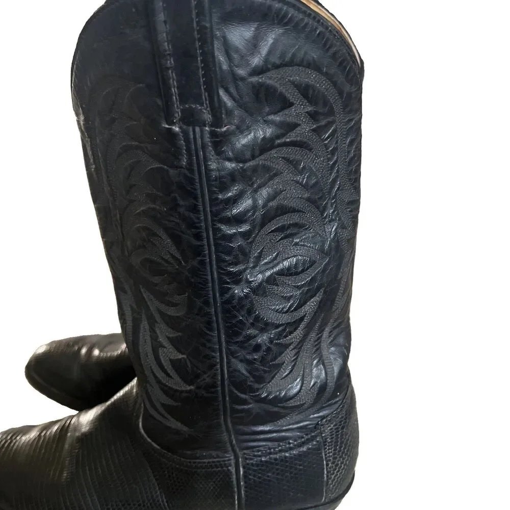 Vintage Tony Lama Size 10D Black Teju Lizard wingtips western cowboy boots